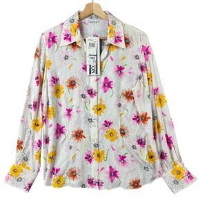 Starington Womens 100% Silk Floral Button Down Blouse White Pink Yellow Size 10